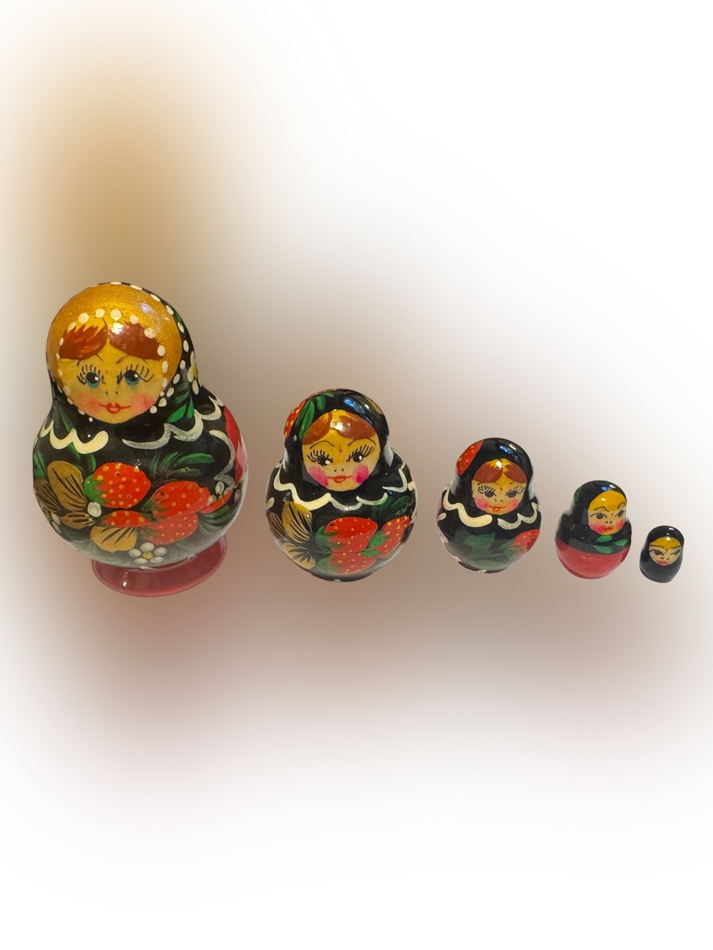 Hand-Painted Russian Black Matryoshka Nesting Dolls with Red Floral Design